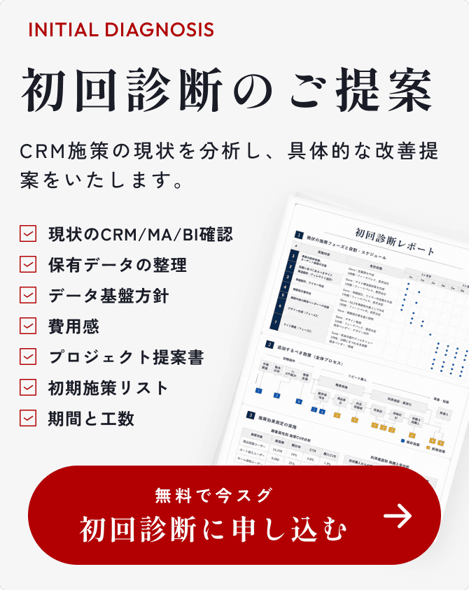 初回診断のご提案 CRM施策の現状を分析し、具体的な改善提案をいたします。 無料で今スグ初回分析に申し込む